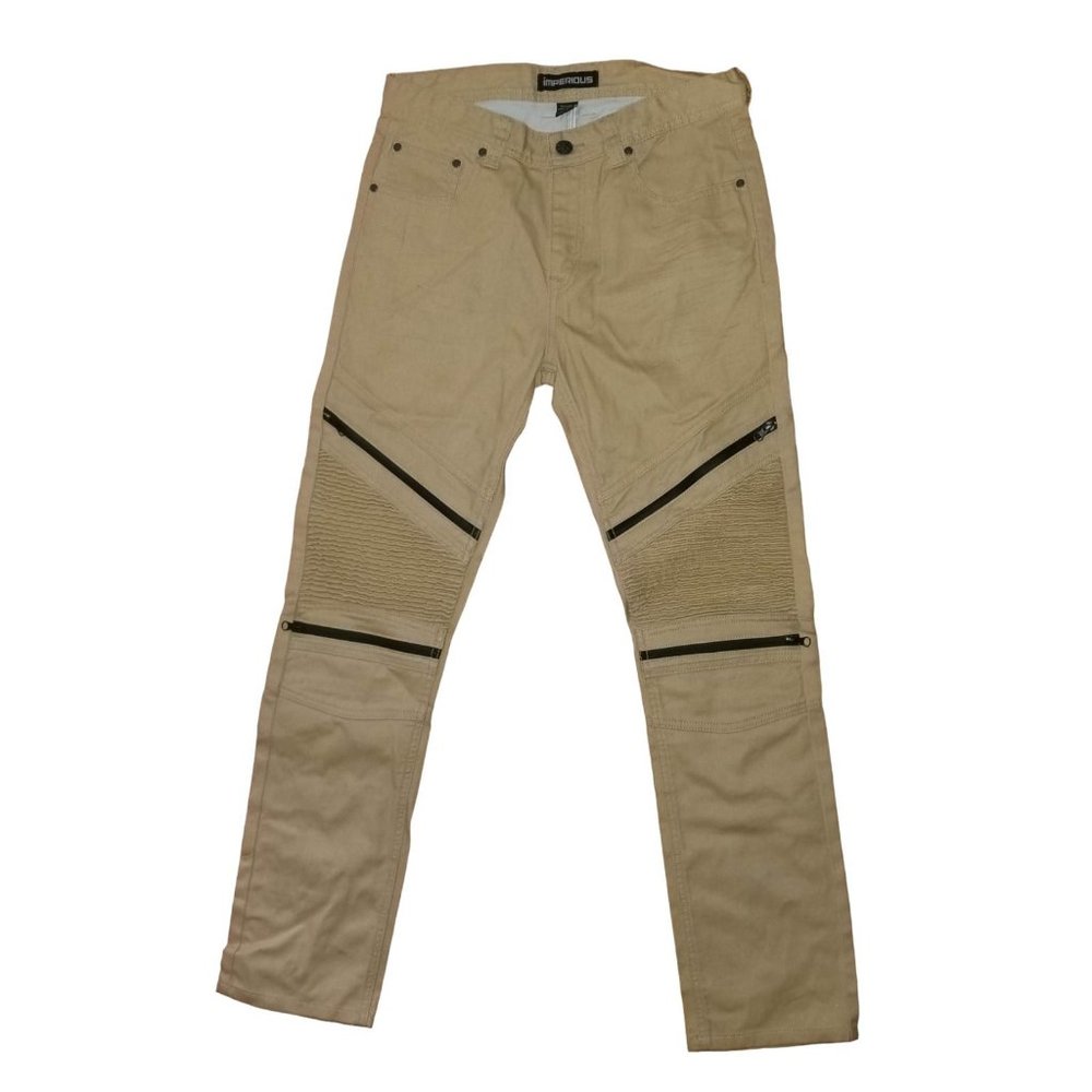Mens Khaki Brown Front Zipper Straight Cut Moto Jeans Size 32x31